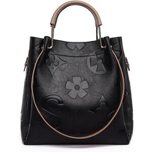 New Hibear Black Faux Leather Floral Embossed Bucket Tote Trendy Vintage Bag